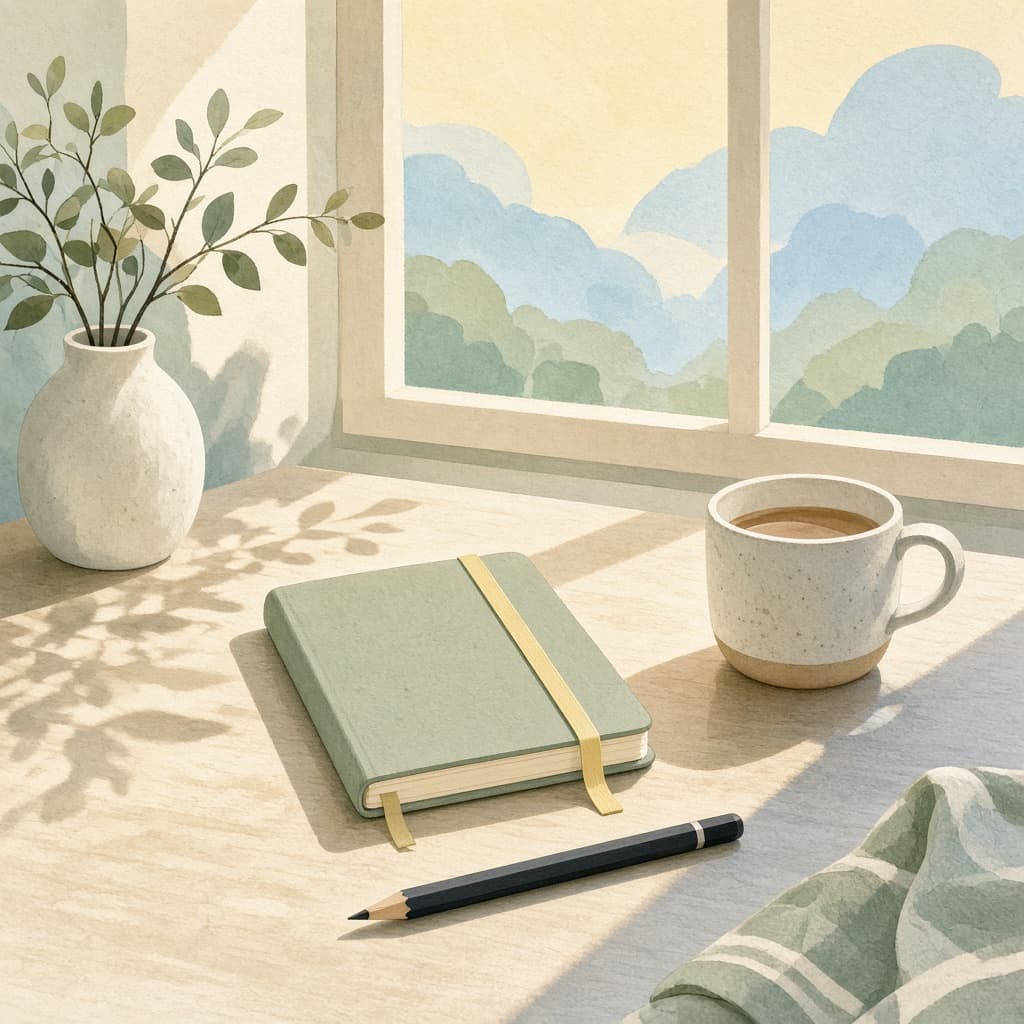 Morning desk with journal and coffee